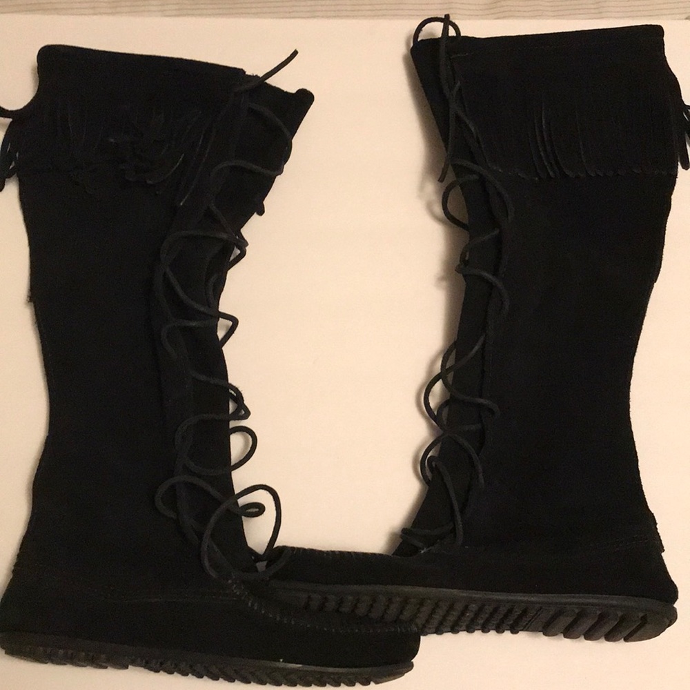 Minnetonka knee high fringe boots